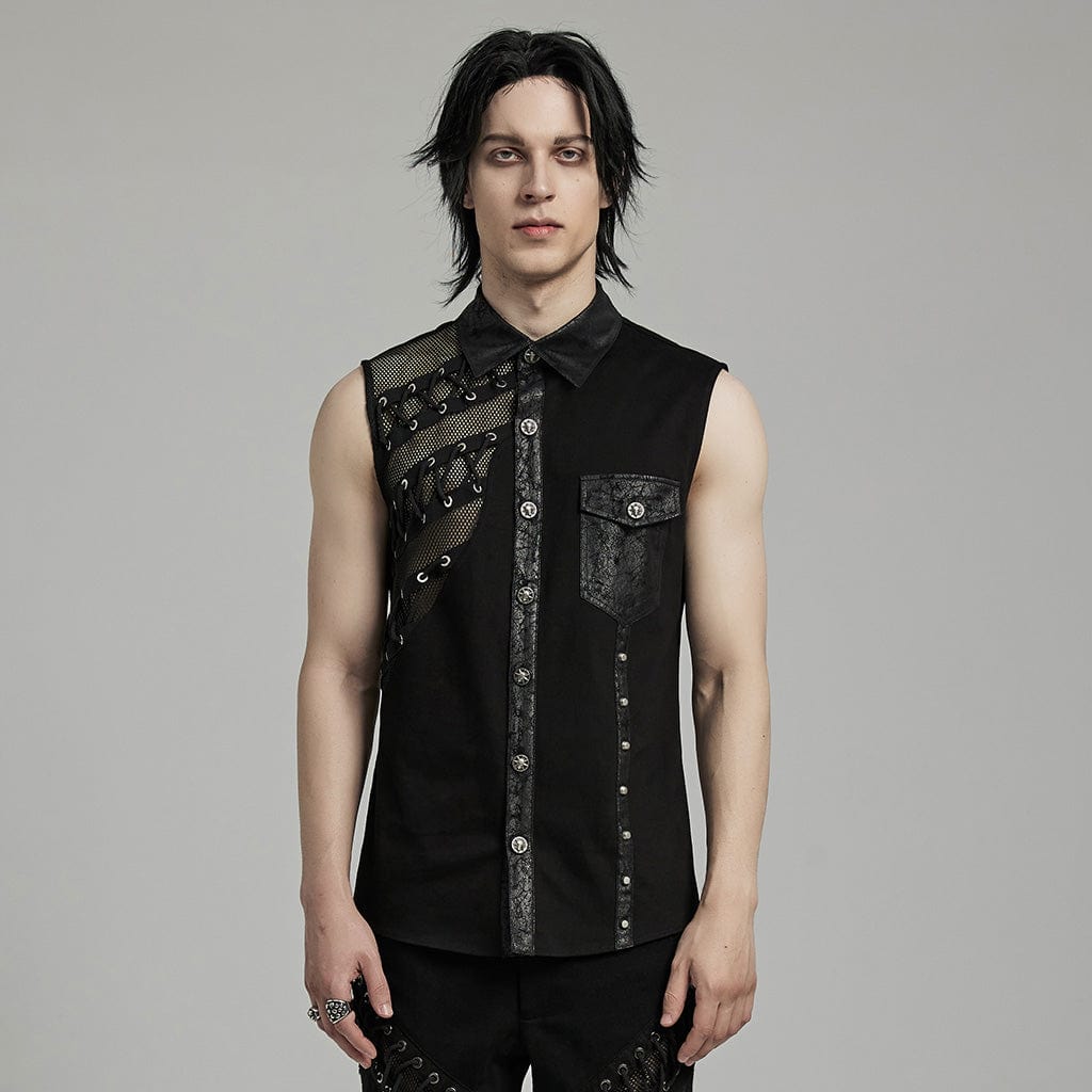 PUNK RAVE Men's Punk Strappy Mesh Splice Faux Leather Vest