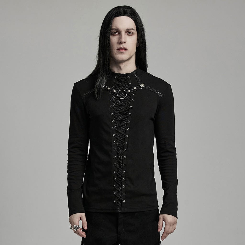 PUNK RAVE Men's Punk Strappy Mesh Splice Studded Shirt