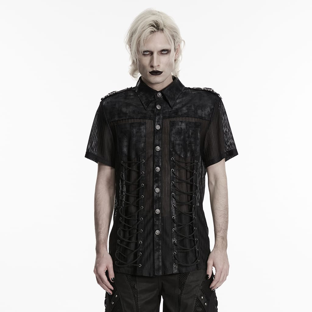 PUNK RAVE Men's Punk Strappy Patchwork Mesh Shirt