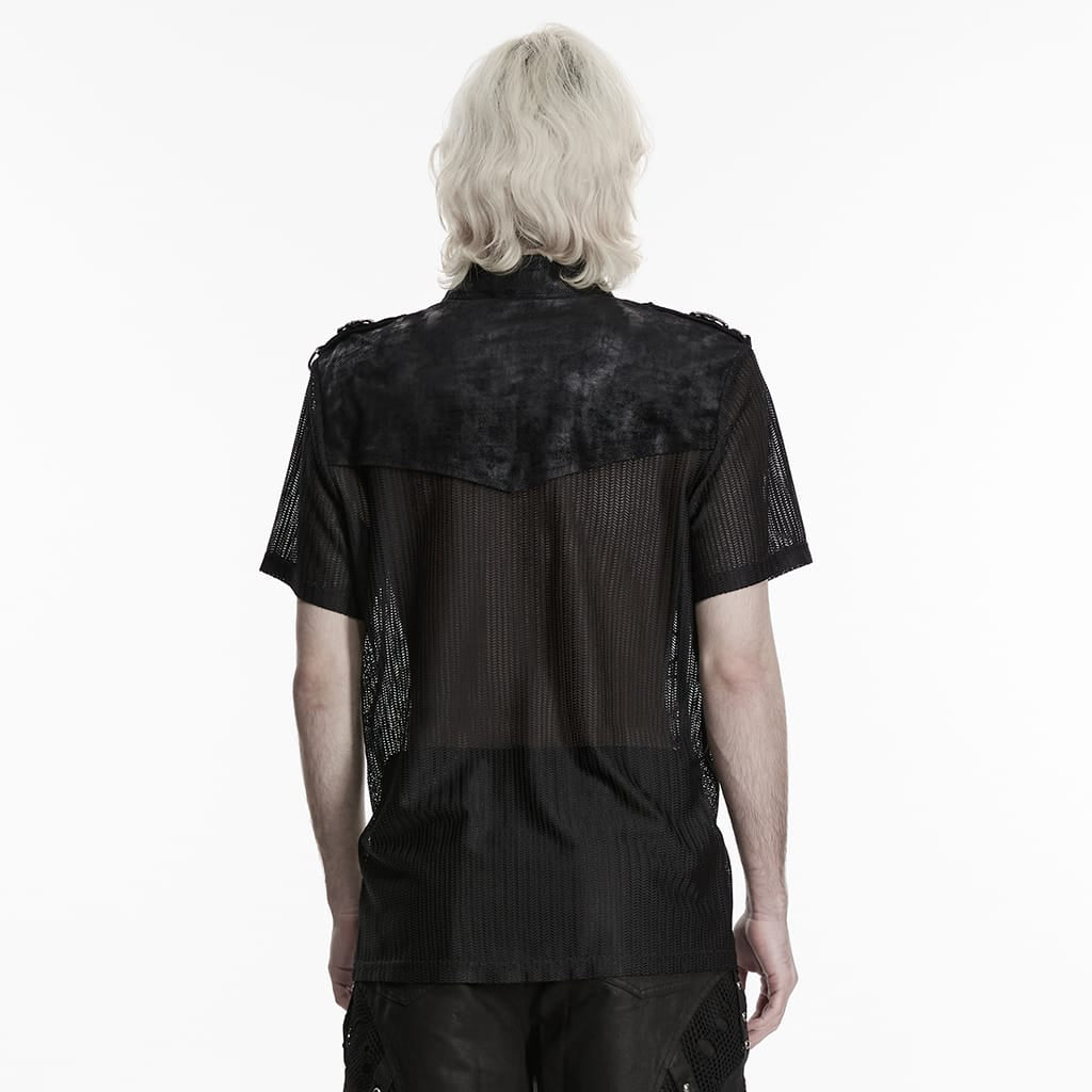 PUNK RAVE Men's Punk Strappy Patchwork Mesh Shirt