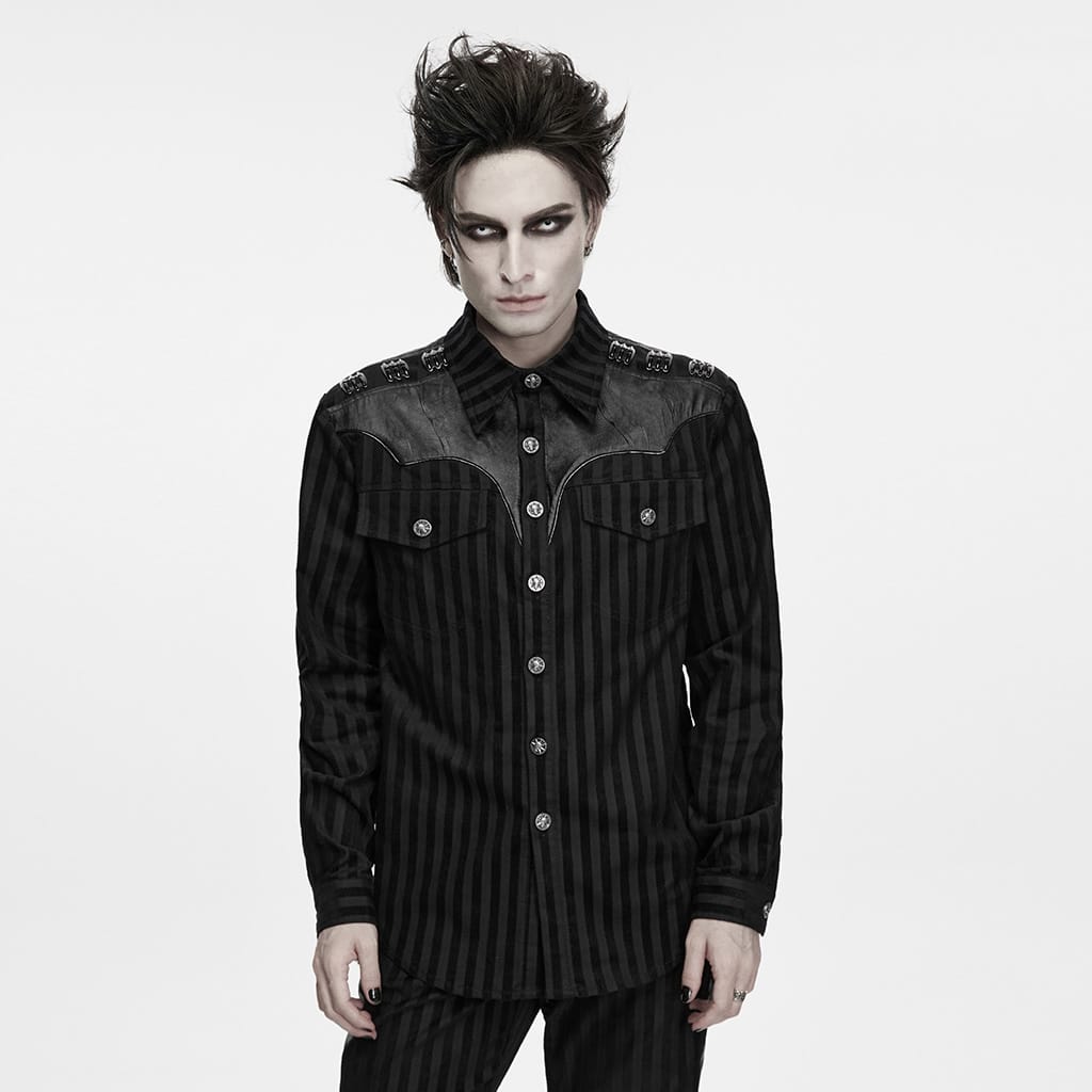 PUNK RAVE Men's Punk Striped Collared Patchwork Long Sleeve Shirt