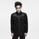 PUNK RAVE Men's Punk Striped Collared Patchwork Long Sleeve Shirt