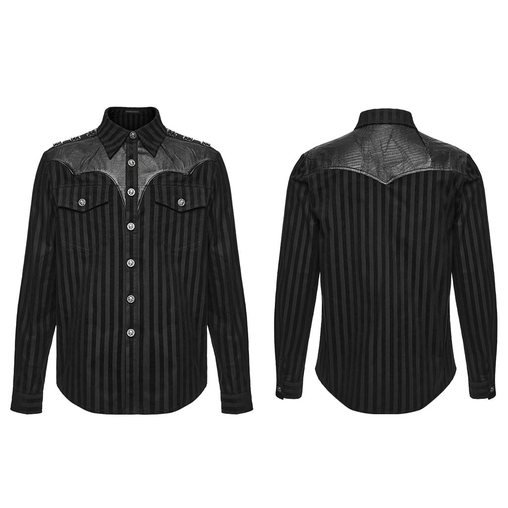 PUNK RAVE Men's Punk Striped Collared Patchwork Long Sleeve Shirt
