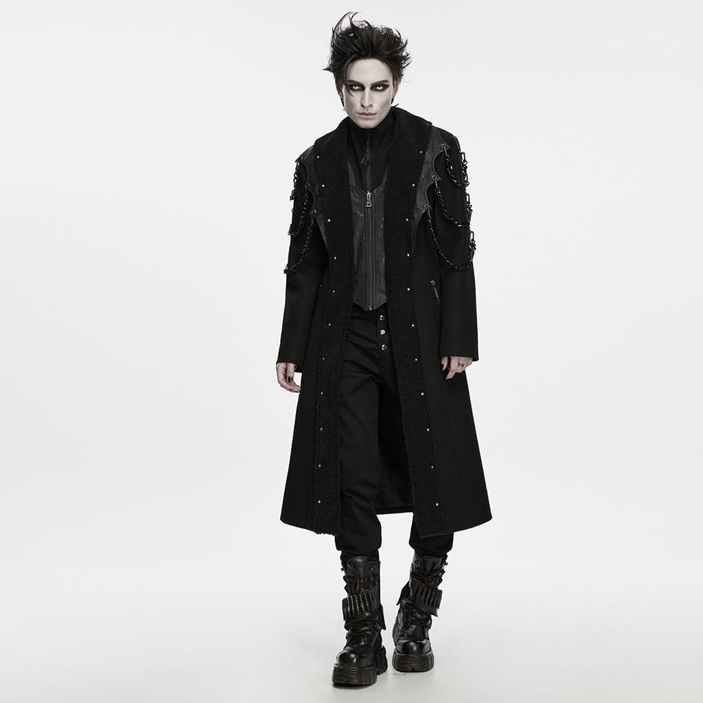 PUNK RAVE Men's Punk Studded Chain Lapel Long Jacket