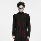 PUNK RAVE Men's Punk Studded Distressed Mock Neck Long Sleeve Top Black-Red