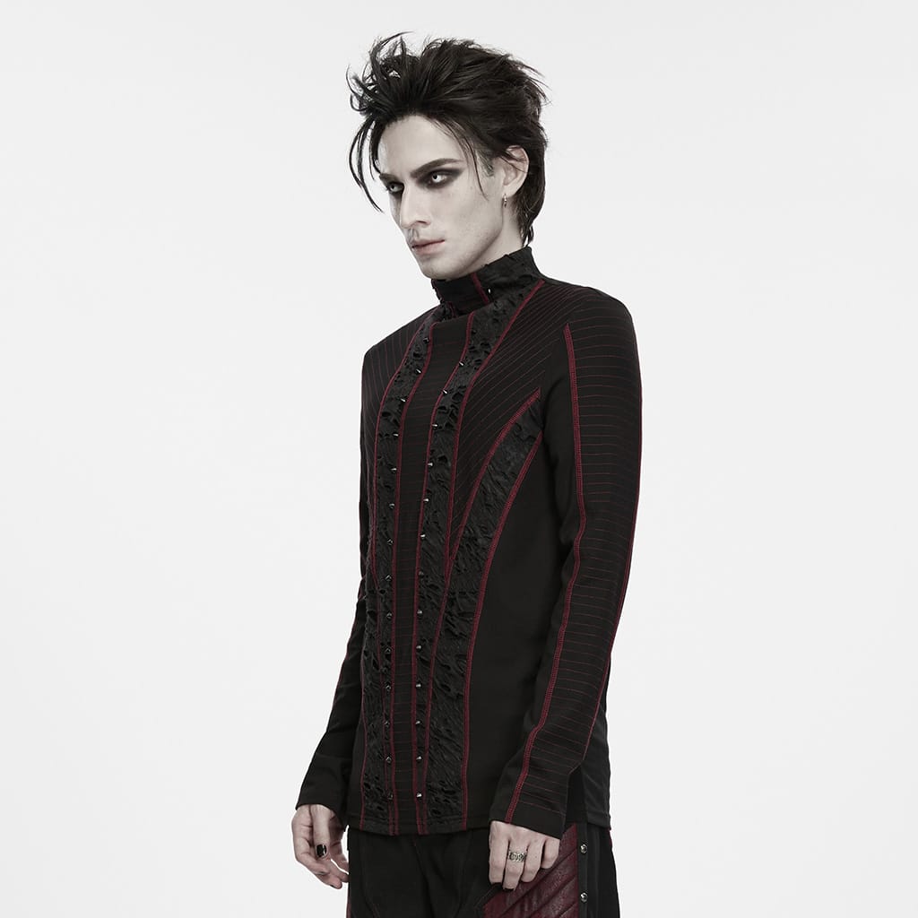 PUNK RAVE Men's Punk Studded Distressed Mock Neck Long Sleeve Top Black-Red