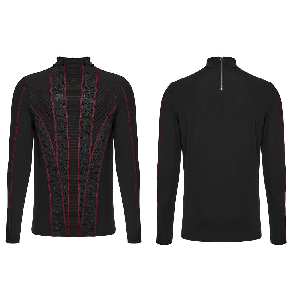 PUNK RAVE Men's Punk Studded Distressed Mock Neck Long Sleeve Top Black-Red