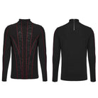 PUNK RAVE Men's Punk Studded Distressed Mock Neck Long Sleeve Top Black-Red