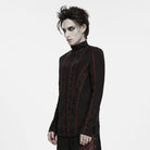 PUNK RAVE Men's Punk Studded Distressed Mock Neck Long Sleeve Top Black-Red