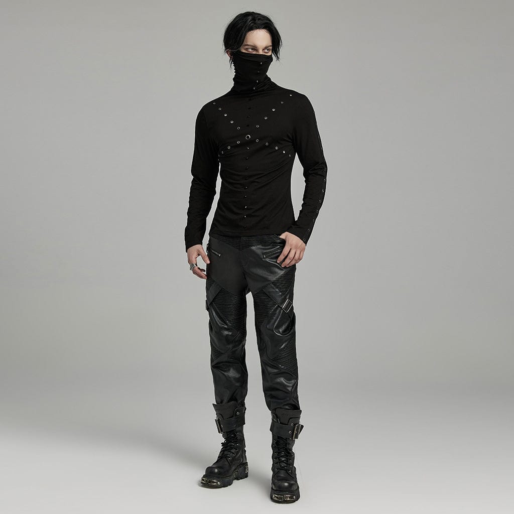 PUNK RAVE Men's Punk Studded Eyelet Shirt with Undetachable Mask