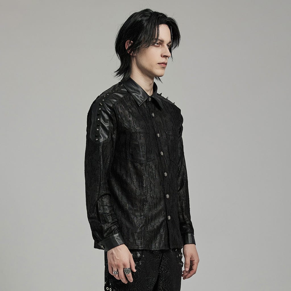 PUNK RAVE Men's Punk Studded Faux Leather Splice Shirt