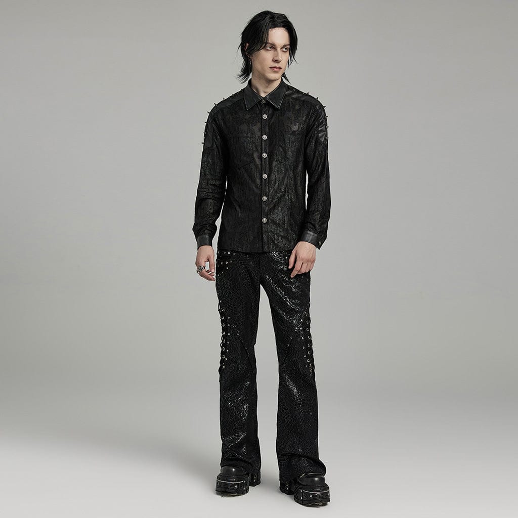 PUNK RAVE Men's Punk Studded Faux Leather Splice Shirt