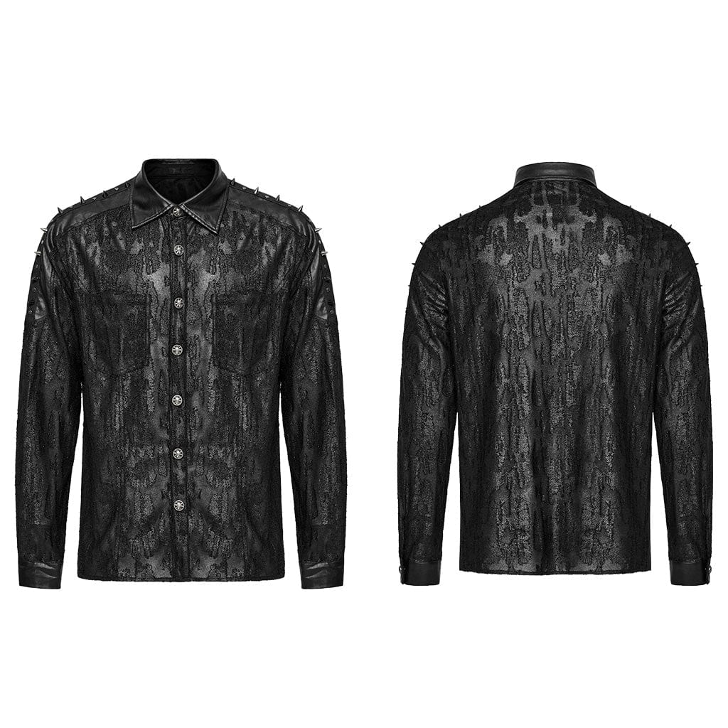 PUNK RAVE Men's Punk Studded Faux Leather Splice Shirt