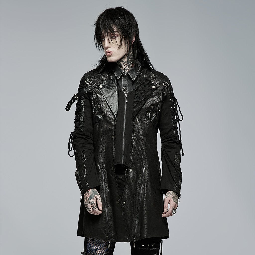 PUNK RAVE Men's Punk Studded Faux Leather Zipper Jacket Black