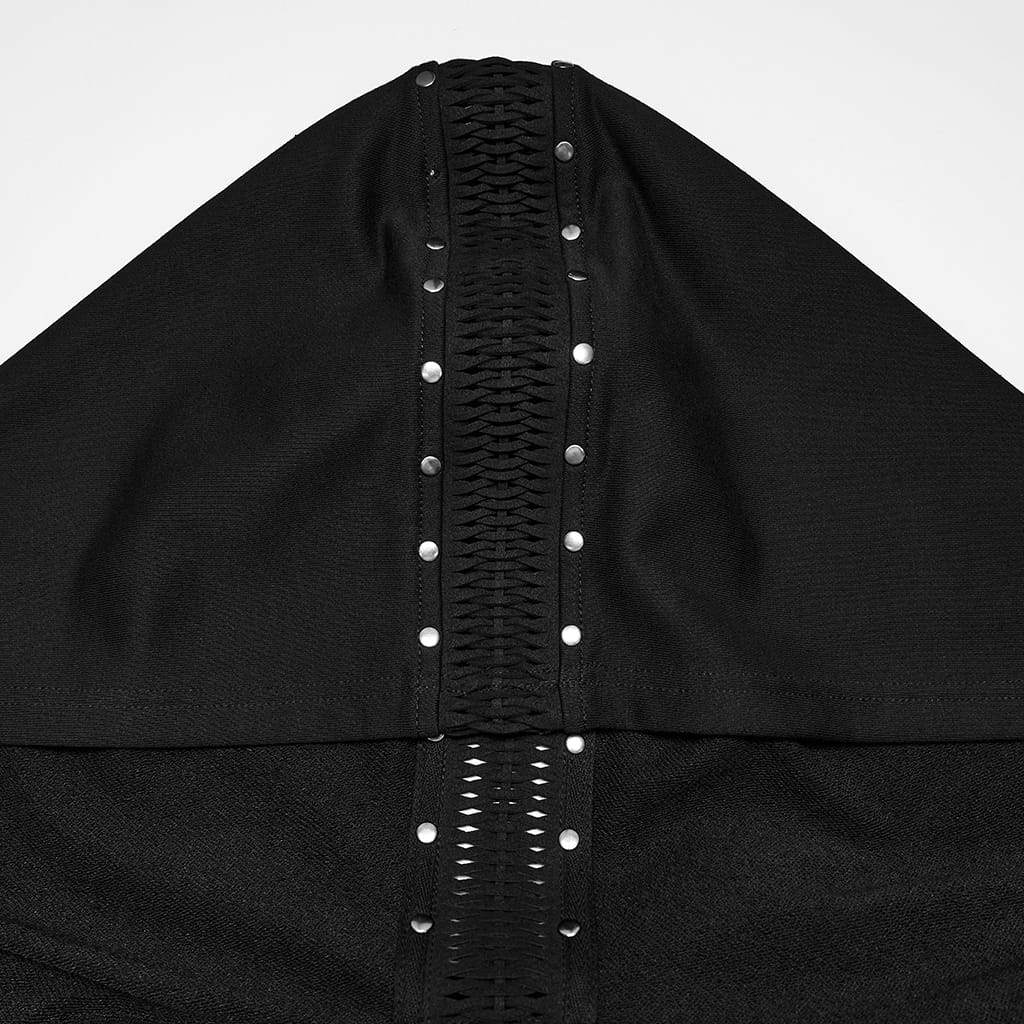 PUNK RAVE Men's Punk Studded Front Zipper Hooded Long Jacket