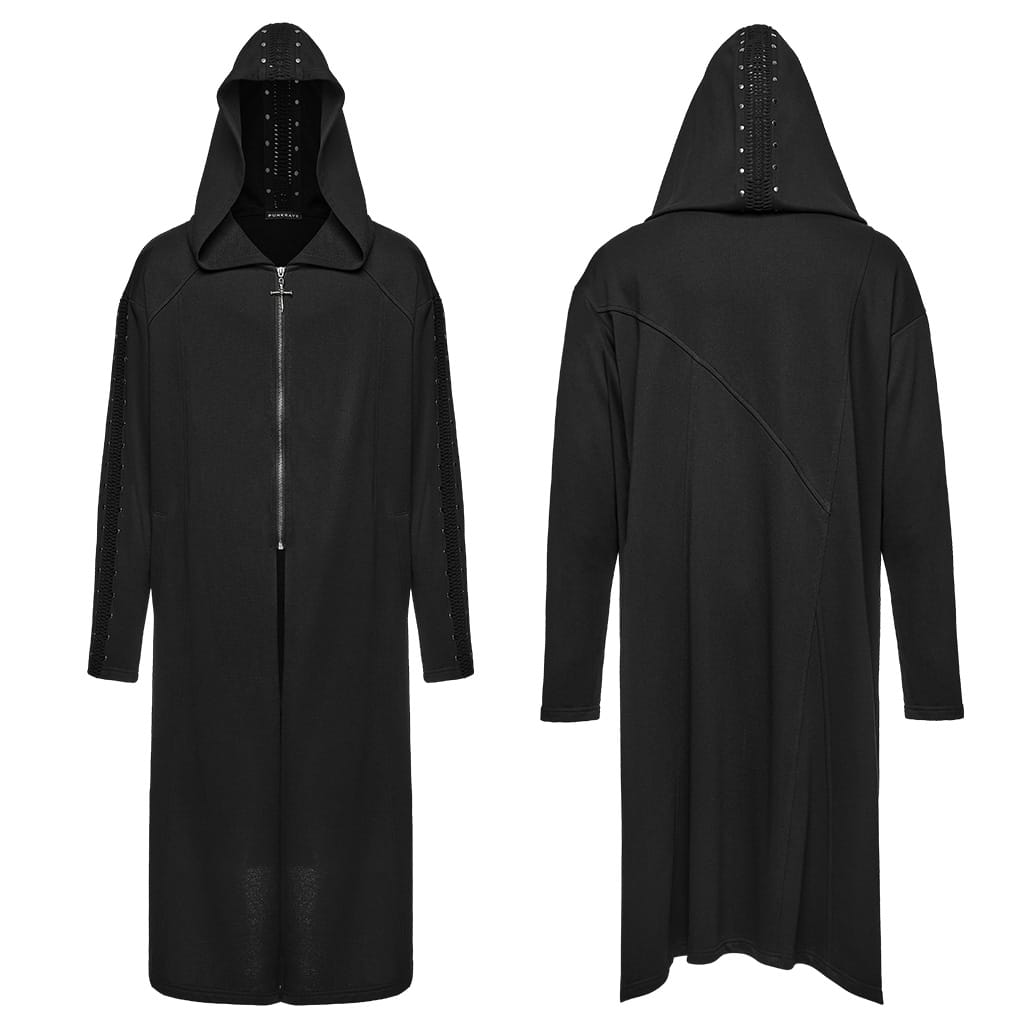 PUNK RAVE Men's Punk Studded Front Zipper Hooded Long Jacket