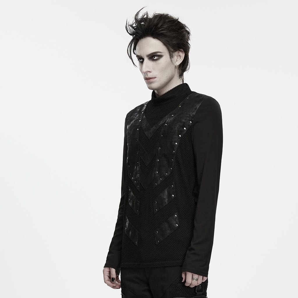 PUNK RAVE Men's Punk Studded Mock Neck Long Sleeve Top