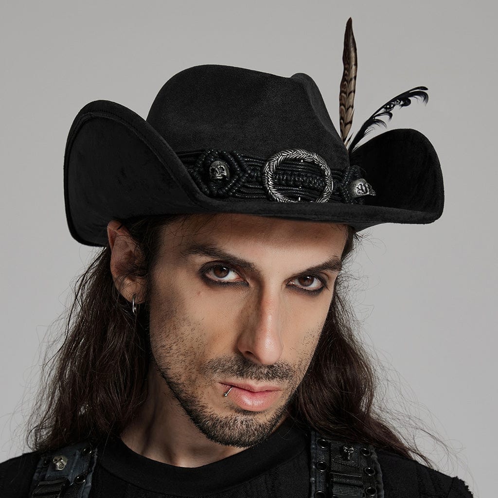 PUNK RAVE Men's Punk Tassels Feather Skull Hat