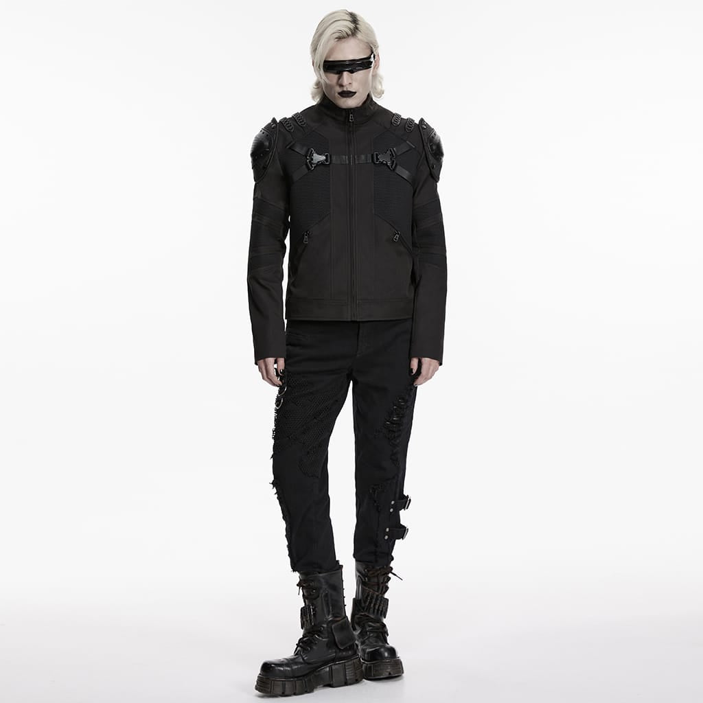 PUNK RAVE Men's Punk Zip Stand Collar Armor Coat