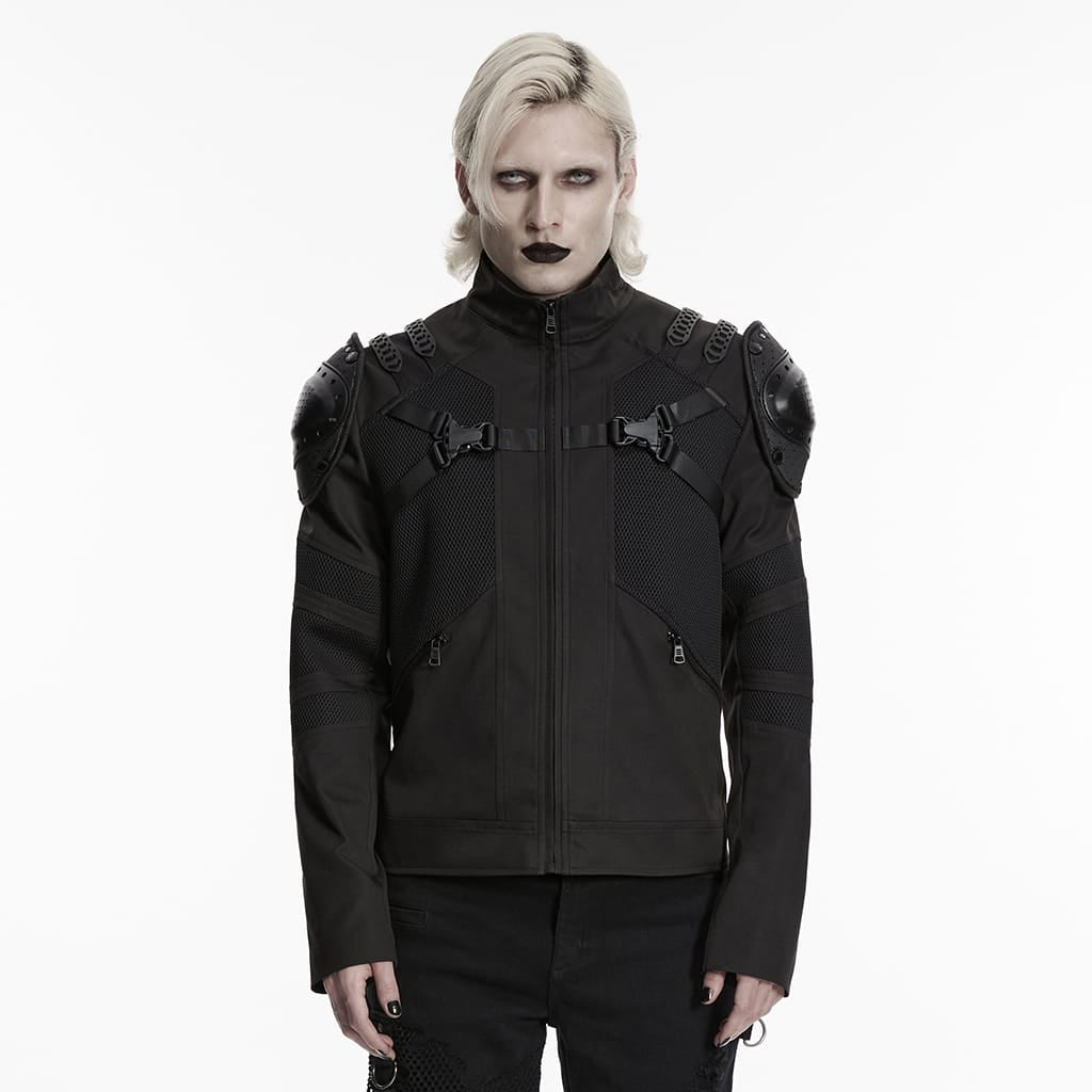 PUNK RAVE Men's Punk Zip Stand Collar Armor Coat
