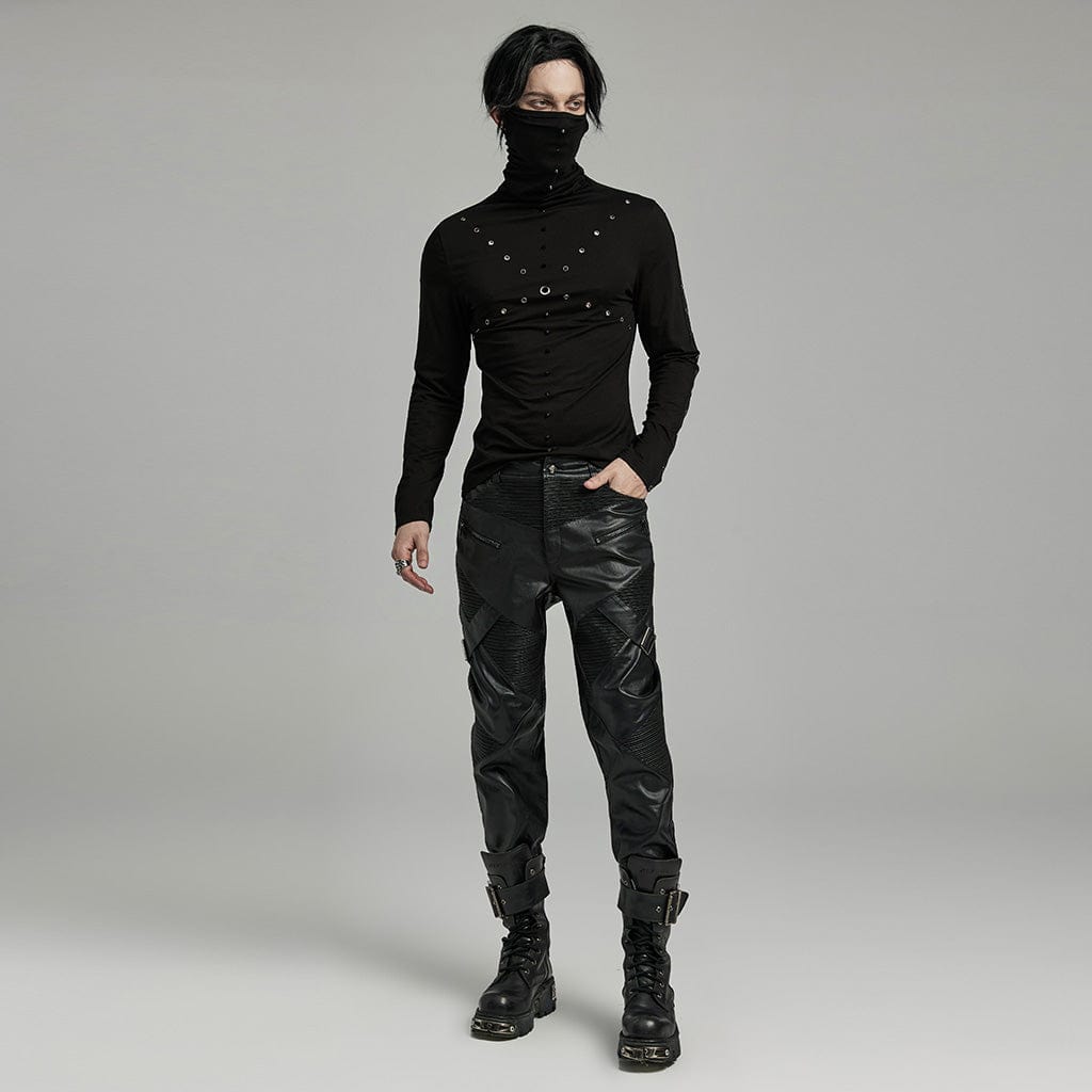 PUNK RAVE Men's Punk Zipper Pleated Faux Leather Pants