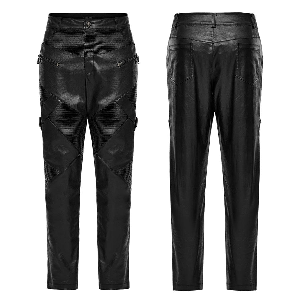 PUNK RAVE Men's Punk Zipper Pleated Faux Leather Pants