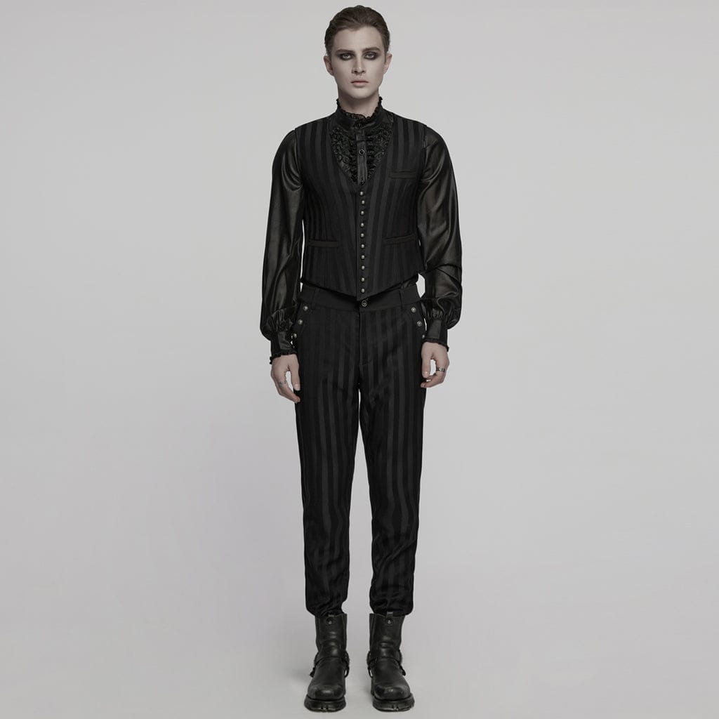 PUNK RAVE Men's Steampunk Striped Buckle Waistcoat Black