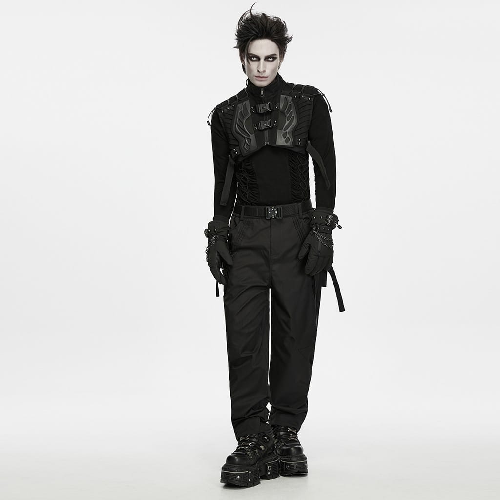 PUNK RAVE Men's Techwear Studded Drawstring Buckle Strap Short Vest