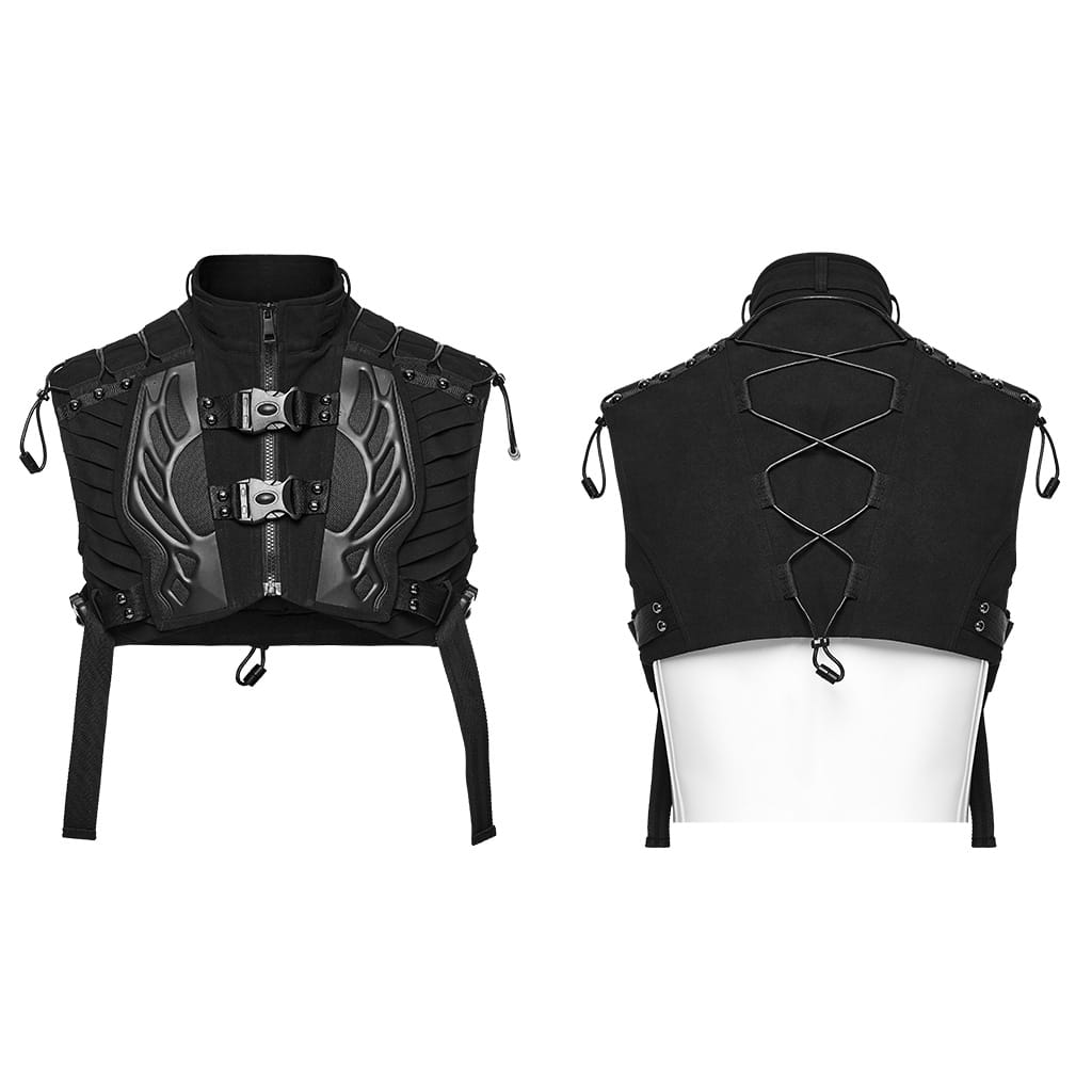 PUNK RAVE Men's Techwear Studded Drawstring Buckle Strap Short Vest
