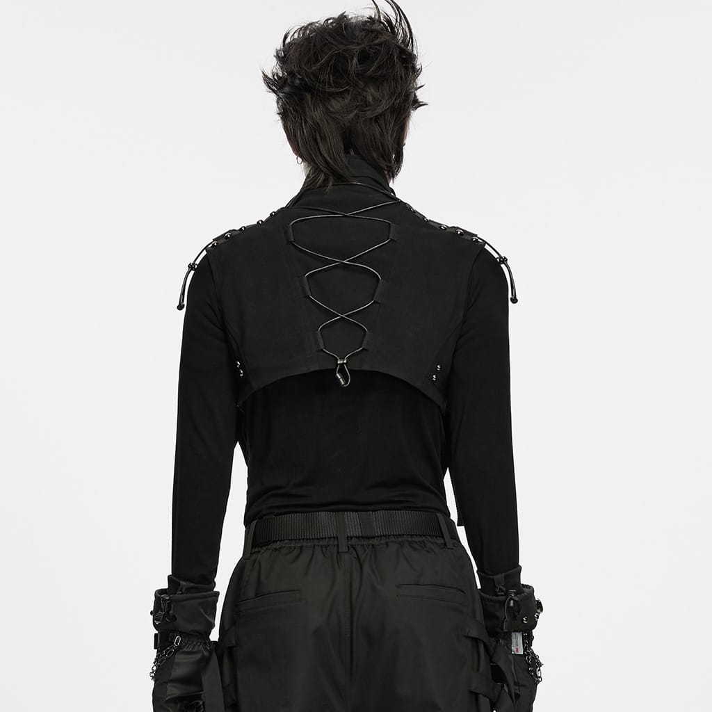 PUNK RAVE Men's Techwear Studded Drawstring Buckle Strap Short Vest