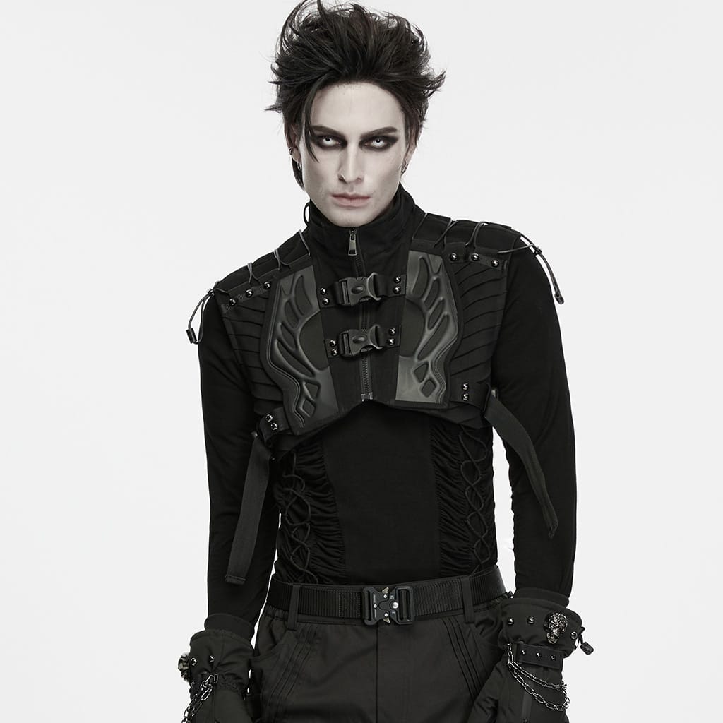 PUNK RAVE Men's Techwear Studded Drawstring Buckle Strap Short Vest