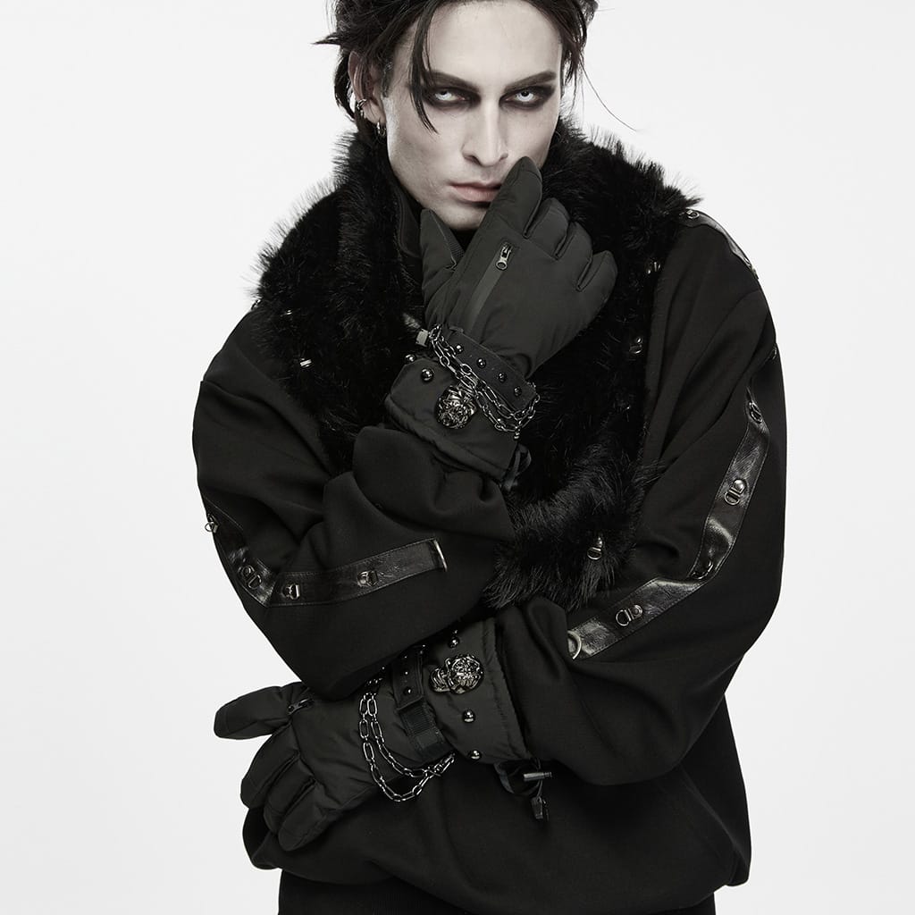 PUNK RAVE Men's Techwear Studded Skull Chain Gloves