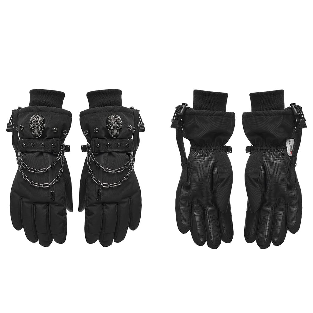 PUNK RAVE Men's Techwear Studded Skull Chain Gloves
