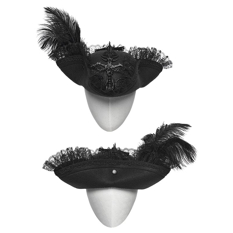 PUNK RAVE Unisex Gothic Dragon Bone Lace Hem Hat with Detachable Feather