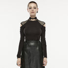 PUNK RAVE Women's Asymmetricle Stitched Embroidered Mesh T-shirts