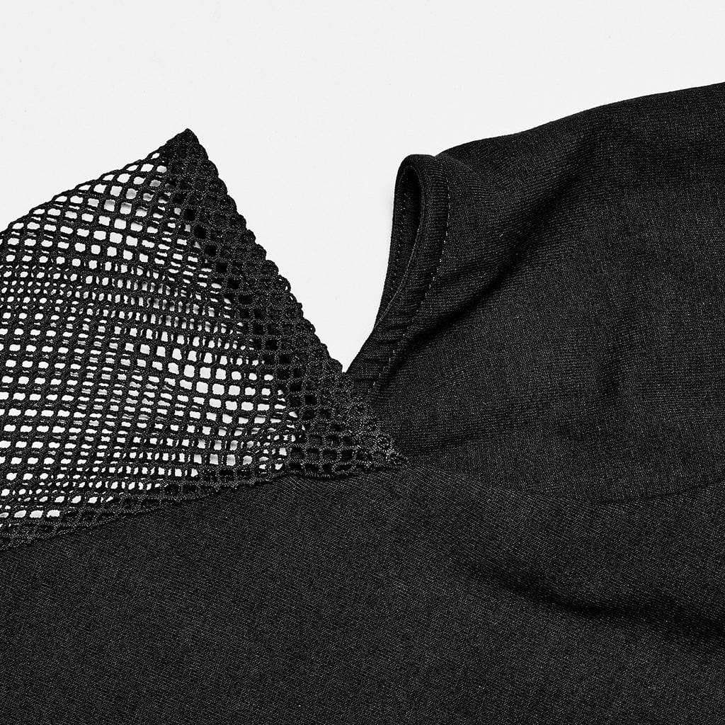 PUNK RAVE Women's Asymmetricle Stitched Embroidered Mesh T-shirts