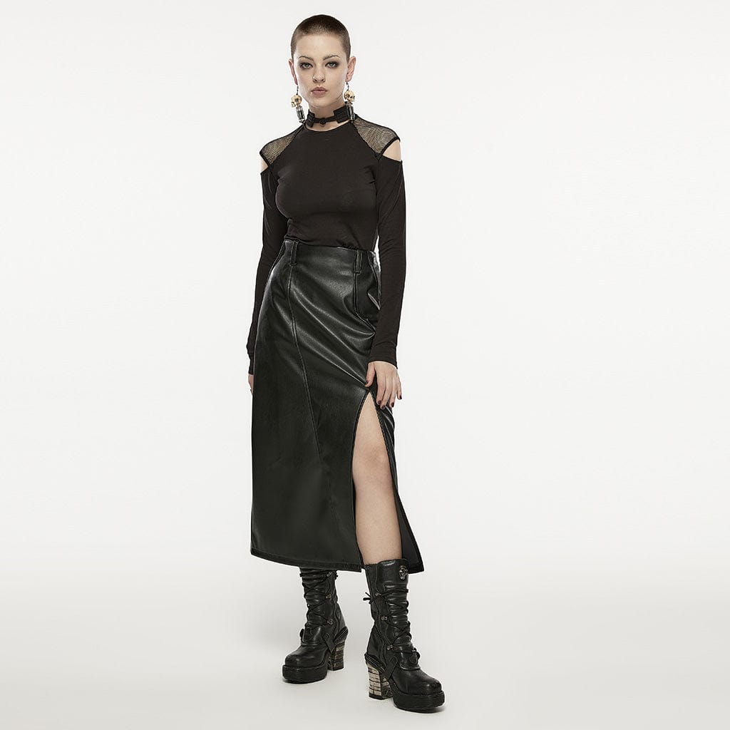 PUNK RAVE Women's Asymmetricle Stitched Embroidered Mesh T-shirts