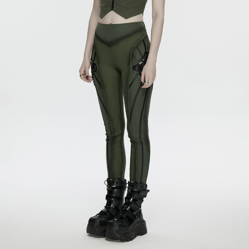 PUNK RAVE Women's Cyberpunk Armor-Accentuated Paneled Leggings Black-Green