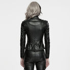 PUNK RAVE Women's Cyberpunk Buckle Shoulder Zip Front Stand Collar Faux Leather Jacket