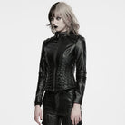 PUNK RAVE Women's Cyberpunk Buckle Shoulder Zip Front Stand Collar Faux Leather Jacket