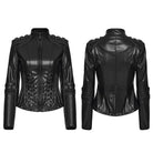 PUNK RAVE Women's Cyberpunk Buckle Shoulder Zip Front Stand Collar Faux Leather Jacket