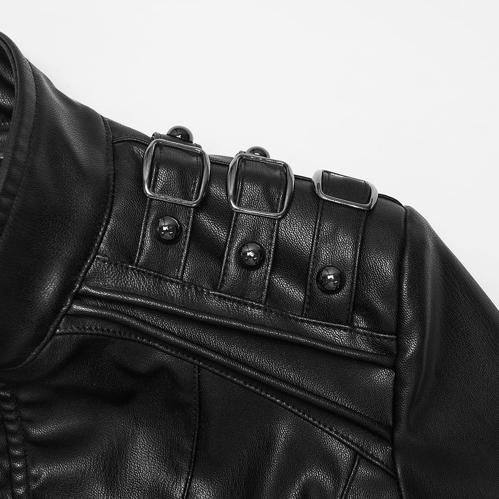 PUNK RAVE Women's Cyberpunk Buckle Shoulder Zip Front Stand Collar Faux Leather Jacket