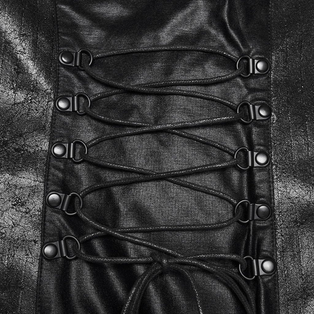 PUNK RAVE Women's Cyberpunk Buckle-up Zip Halterneck Maxi Dress Black