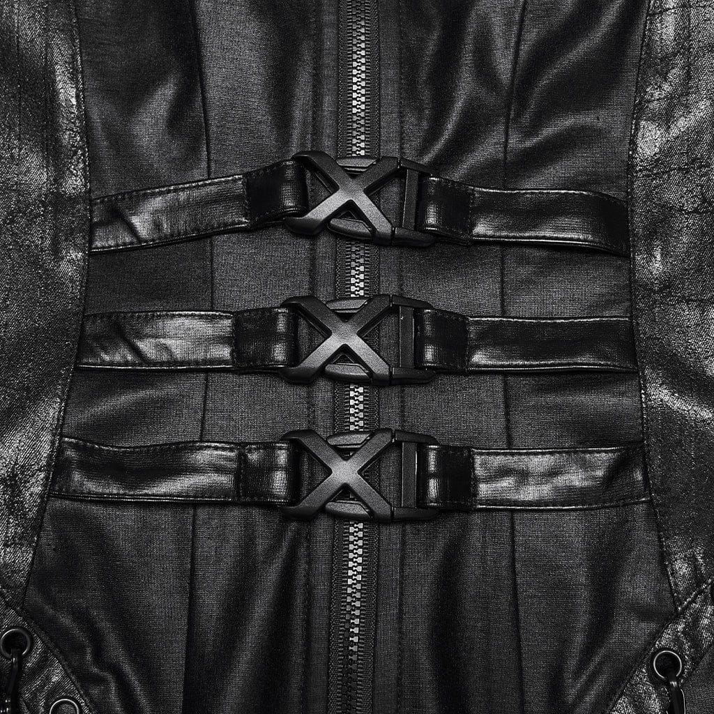 PUNK RAVE Women's Cyberpunk Buckle-up Zip Halterneck Maxi Dress Black