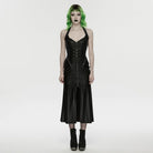PUNK RAVE Women's Cyberpunk Buckle-up Zip Halterneck Maxi Dress Black
