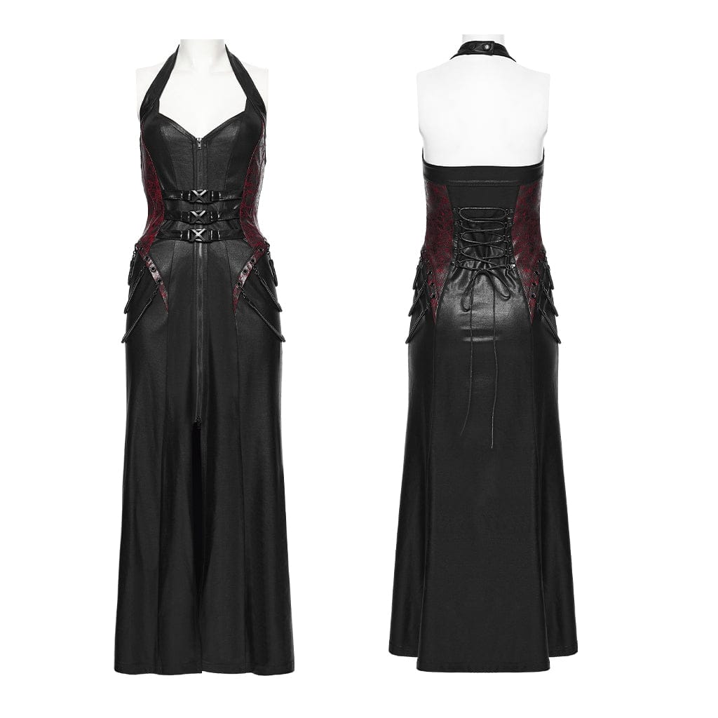 PUNK RAVE Women's Cyberpunk Buckle-up Zip Halterneck Maxi Dress Black-Red