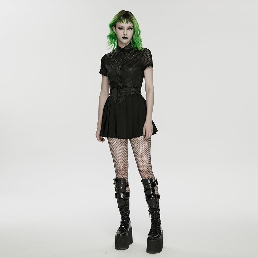 PUNK RAVE Women's Cyberpunk Buckle-up Zip Pleated Skirt
