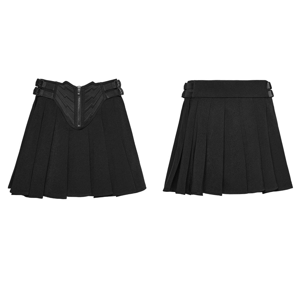 PUNK RAVE Women's Cyberpunk Buckle-up Zip Pleated Skirt