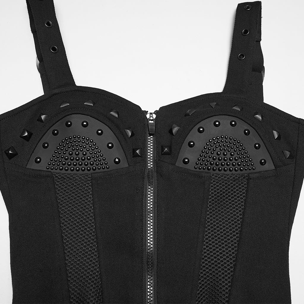 PUNK RAVE Women's Cyberpunk Eyelet Studded Zip Bustier