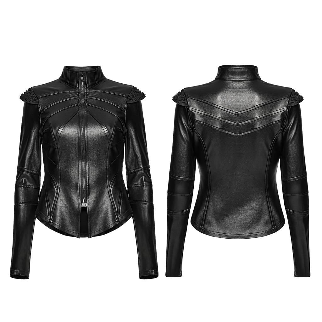 PUNK RAVE Women's Cyberpunk Geometric Spiked Shoulder Panel Zip Front Jacket